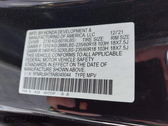 2022 Honda Odyssey EX-L with VIN 5FNRL6H75NB049044, listed as a IAAI auction lot 42010441 with 29,824 mi miles and . Bid and sale history available at DreamBid. Image 9.