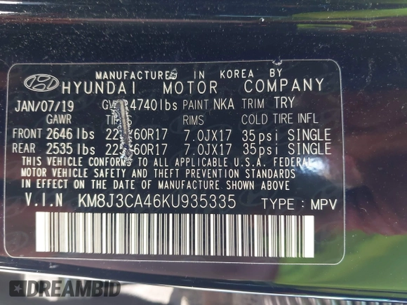 2019 Hyundai Tucson Value with VIN KM8J3CA46KU935335, listed as a IAAI auction lot 42296162 with 65,099 mi miles and . Bid and sale history available at DreamBid. Image 9.