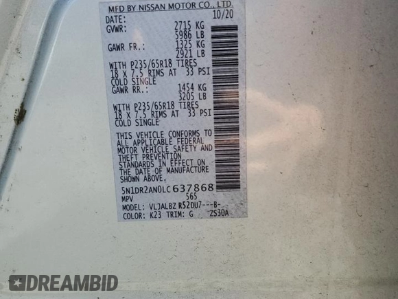 2020 Nissan Pathfinder S z VIN 5N1DR2AN0LC637868, wystawiony jako Copart lot #52652525 z przebiegiem 134 045 mil mil oraz Czysty tytuł • Clean title. Historia ofert i sprzedaży dostępna na DreamBid. Obrazek 13.
