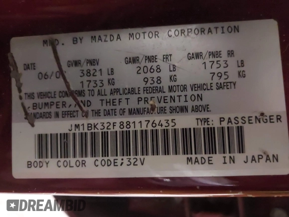 2008 Mazda Mazda3 i Touring Value with VIN JM1BK32F881176435, listed as a IAAI auction lot 41386907 with 156,763 mi miles. Bid and sale history available at carsss.com. Image 9.