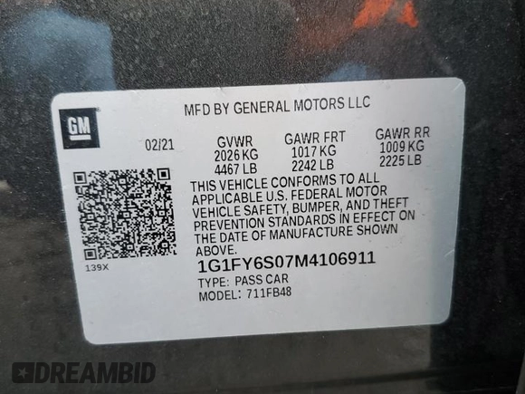 2021 Chevrolet Bolt EV LT with VIN 1G1FY6S07M4106911, listed as a Copart auction lot 73125102 with 15,027 mi miles. Bid and sale history available at carsss.com. Image 12.