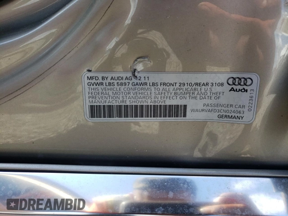 2012 Audi A8 L with VIN WAURVAFD3CN024063, listed as a Copart auction lot 81508834 with 92,002 mi miles and Salvage Title. Bid and sale history available at carsss.com. Image 12.