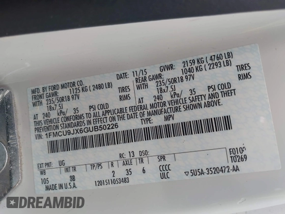 2016 Ford Escape Titanium with VIN 1FMCU9JX6GUB50226, listed as a IAAI auction lot 42033033 with 108,782 mi miles and . Bid and sale history available at DreamBid. Image 9.