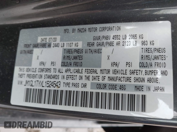 2020 Mazda 6 Grand Touring with VIN JM1GL1TYXL1524543, listed as a IAAI auction lot 41474337 with 52,160 mi miles and . Bid and sale history available at DreamBid. Image 9.