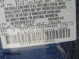 2019 Nissan Sentra SV z VIN 3N1AB7AP5KY312121, wystawiony jako IAAI lot #42336314 z przebiegiem 101 783 mil mil oraz . Historia ofert i sprzedaży dostępna na DreamBid. Obrazek 9.