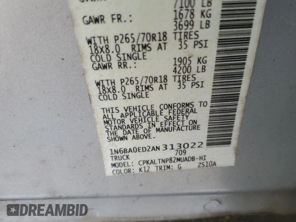 2010 Nissan Titan SE with VIN 1N6BA0ED2AN313022, listed as a Copart auction lot 51222275 with 137,640 mi miles and Salvage title. Bid and sale history available at DreamBid. Image 12.