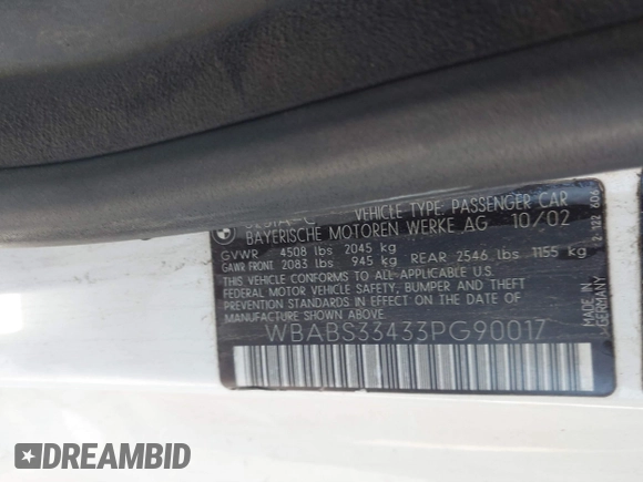 2003 BMW 3 Series 325Ci with VIN WBABS33433PG90017, listed as a IAAI auction lot 41360270 with Not provided miles and . Bid and sale history available at DreamBid. Image 9.