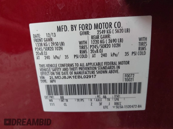 2014 Lincoln MKX with VIN 2LMDJ8JK1EBL02917, listed as a IAAI auction lot 41963678 with Not Provided miles. Bid and sale history available at carsss.com. Image 9.