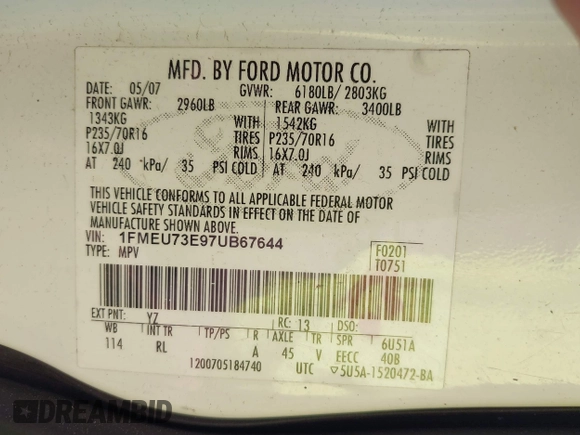 2007 Ford Explorer XLT z VIN 1FMEU73E97UB67644, wystawiony jako IAAI lot #42574685 z przebiegiem Nie podano mil oraz . Historia ofert i sprzedaży dostępna na DreamBid. Obrazek 9.