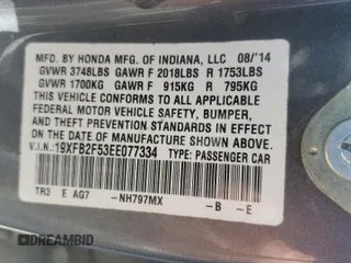 2014 Honda Civic Sedan LX with VIN 19XFB2F53EE077334, listed as a Copart auction lot 50168505 with 240,017 mi miles and Salvage Title. Bid and sale history available at carsss.com. Image 13.