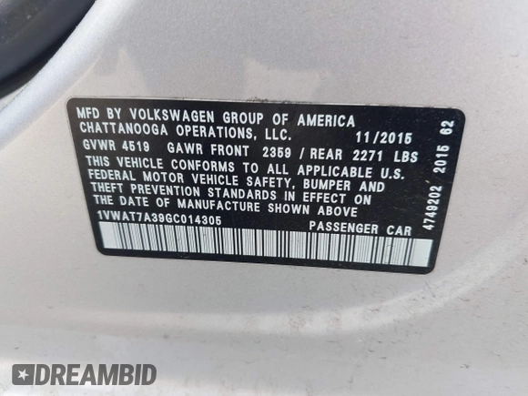 2016 Volkswagen Passat S with VIN 1VWAT7A39GC014305, listed as a IAAI auction lot 42144322 with 187,419 mi miles and . Bid and sale history available at DreamBid. Image 9.