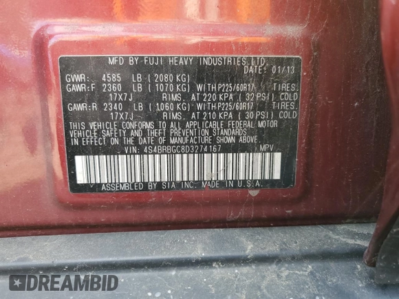 2013 Subaru Outback Premium z VIN 4S4BRBGC8D3274167, wystawiony jako Copart lot #57317015 z przebiegiem 124 733 mil mil oraz Szkoda całkowita • Salvage title. Historia ofert i sprzedaży dostępna na DreamBid. Obrazek 12.