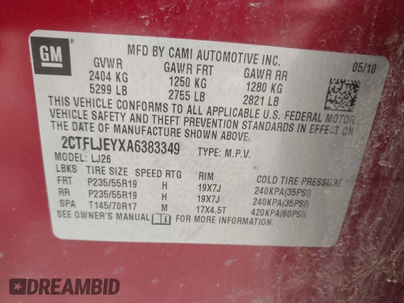 2010 GMC Terrain SLT-2 z VIN 2CTFLJEYXA6383349, wystawiony jako IAAI lot #41875588 z przebiegiem 156 310 mil mil oraz . Historia ofert i sprzedaży dostępna na DreamBid. Obrazek 9.