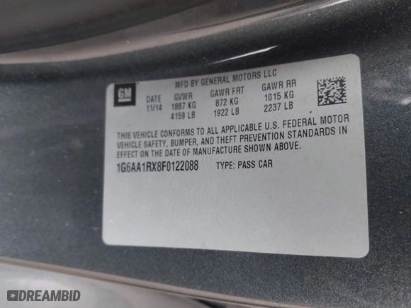 2015 Cadillac ATS Coupe Standard RWD with VIN 1G6AA1RX8F0122088, listed as a IAAI auction lot 41543354 with 82,217 mi miles. Bid and sale history available at carsss.com. Image 9.