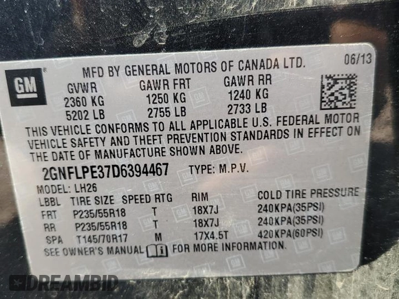2013 Chevrolet Equinox LT with VIN 2GNFLPE37D6394467, listed as a Copart auction lot 55479665 with 107,456 mi miles and Clean Title. Bid and sale history available at DreamBid. Image 13.