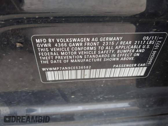 2012 Volkswagen CC Sport z VIN WVWMP7AN9CE536582, wystawiony jako IAAI lot #42295115 z przebiegiem 169 409 mil mil oraz . Historia ofert i sprzedaży dostępna na DreamBid. Obrazek 9.