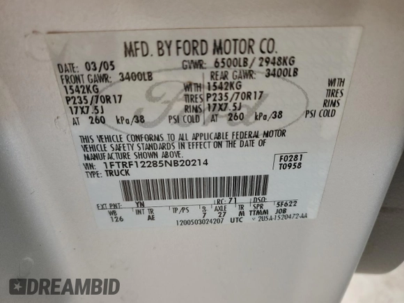2005 Ford F-150 XL with VIN 1FTRF12285NB20214, listed as a Copart auction lot 54943825 with Not provided miles and Salvage title. Bid and sale history available at DreamBid. Image 12.