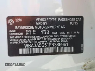 2015 BMW 3 Series 328i с VIN WBA3A5G51FNS86961, выставлен на аукционе Copart как лот 56124965 с пробегом 64 156 миль миль и Списание • Salvage title. История ставок и продаж доступна на DreamBid. Изображение 12.