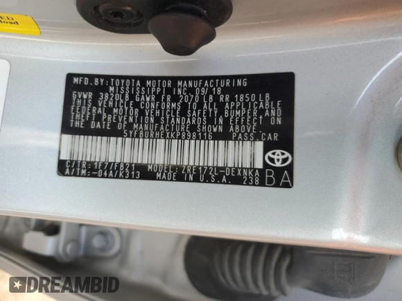2019 Toyota Corolla L with VIN 5YFBURHEXKP898116, listed as a Copart auction lot 51124175 with 87,250 mi miles and Salvage Title. Bid and sale history available at DreamBid. Image 12.