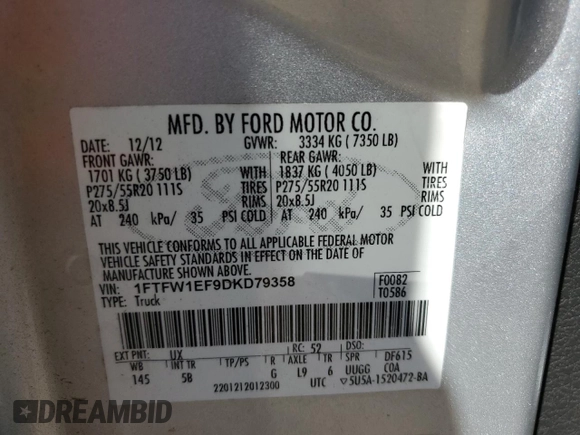 2013 Ford F-150 XL with VIN 1FTFW1EF9DKD79358, listed as a Copart auction lot 48627015 with 136,024 mi miles and Salvage Title. Bid and sale history available at carsss.com. Image 14.