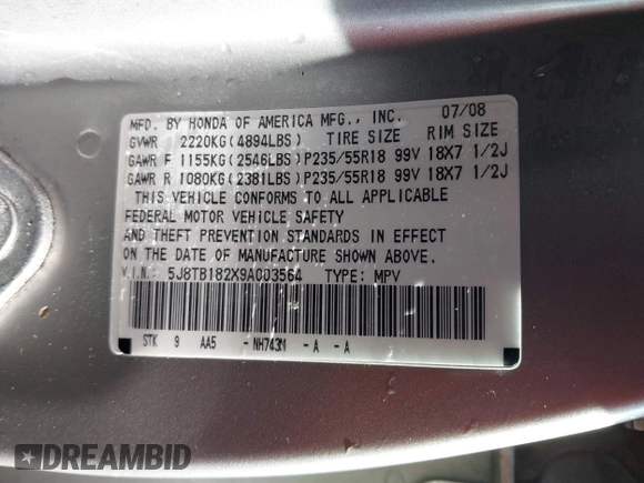 2009 Acura RDX with VIN 5J8TB182X9A003564, listed as a IAAI auction lot 41418465 with 201,490 mi miles and . Bid and sale history available at carsss.com. Image 9.