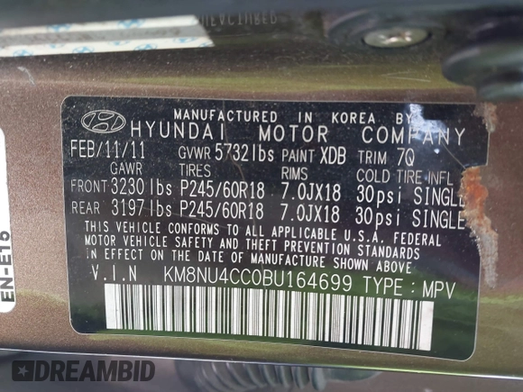 2011 Hyundai Veracruz GLS with VIN KM8NU4CC0BU164699, listed as a IAAI auction lot 41692874 with 191,554 mi miles and . Bid and sale history available at DreamBid. Image 9.
