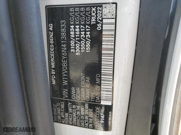 2022 Mercedes-Benz Metris Cargo Van with VIN W1YV0BEY6N4138833, listed as a Copart auction lot 68922824 with 9,493 mi miles and Salvage Title. Bid and sale history available at carsss.com. Image 13.