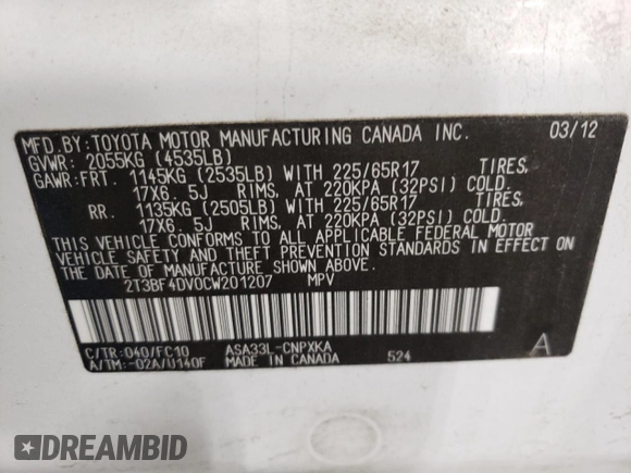 2012 Toyota RAV4 with VIN 2T3BF4DV0CW201207, listed as a Copart auction lot 58516525 with 97,550 mi miles and Salvage title. Bid and sale history available at DreamBid. Image 13.