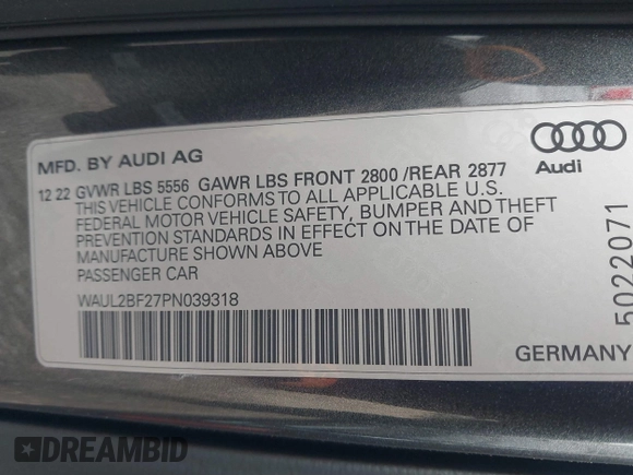 2023 Audi A6 Premium Plus z VIN WAUL2BF27PN039318, wystawiony jako IAAI lot #41603715 z przebiegiem 32 892 mil mil oraz . Historia ofert i sprzedaży dostępna na DreamBid. Obrazek 9.
