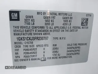 2015 GMC Yukon Denali with VIN 1GKS1CKJ3FR230797, listed as a IAAI auction lot 41977294 with 174,633 mi miles. Bid and sale history available at carsss.com. Image 9.