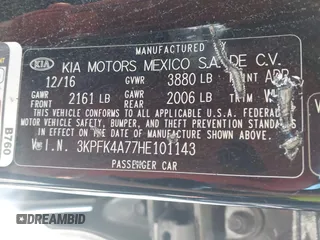 2017 Kia Forte LX with VIN 3KPFK4A77HE101143, listed as a IAAI auction lot 42038578 with 126,089 mi miles. Bid and sale history available at carsss.com. Image 9.