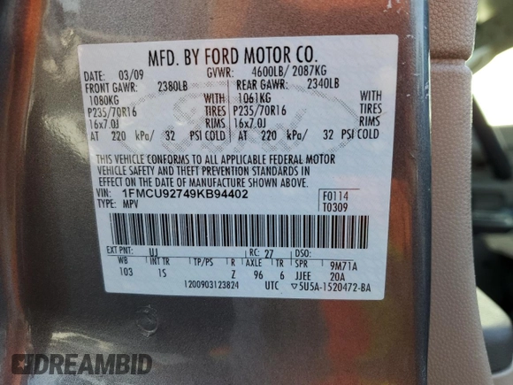 2009 Ford Escape XLS with VIN 1FMCU92749KB94402, listed as a Copart auction lot 60975645 with 171,202 mi miles and Clean title. Bid and sale history available at DreamBid. Image 13.