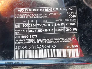 2010 Mercedes-Benz M 350 with VIN 4JGBB5GB1AA595083, listed as a IAAI auction lot 42151158 with 114,567 mi miles and . Bid and sale history available at DreamBid. Image 9.