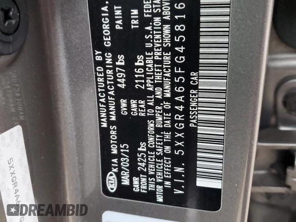2015 Kia Optima SXL Turbo with VIN 5XXGR4A65FG458168, listed as a Copart auction lot 44966795 with 55,055 mi miles and Non Repairable. Bid and sale history available at DreamBid. Image 15.