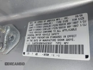 2007 Acura RDX Tech Pkg with VIN 5J8TB18587A003697, listed as a IAAI auction lot 41755675 with 235,107 mi miles. Bid and sale history available at carsss.com. Image 9.