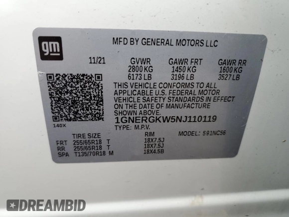 2022 Chevrolet Traverse LT Cloth with VIN 1GNERGKW5NJ110119, listed as a Copart auction lot 74471734 with 21,740 mi miles and Salvage Title. Bid and sale history available at carsss.com. Image 13.