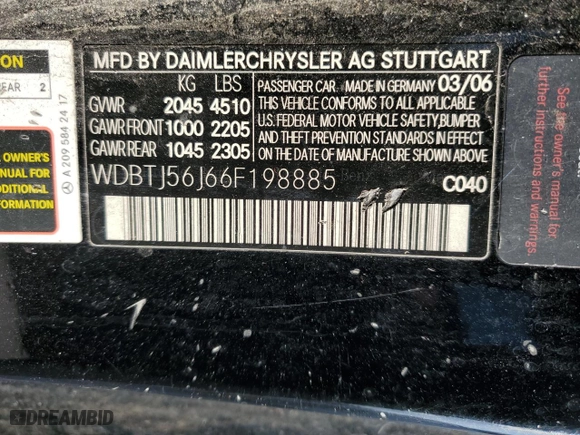 2006 Mercedes-Benz CLK-Class 3.5L with VIN WDBTJ56J66F198885, listed as a Copart auction lot 47621755 with 0 mi miles and Salvage Title. Bid and sale history available at carsss.com. Image 14.