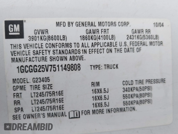 2005 Chevrolet Express Cargo with VIN 1GCGG25V751149808, listed as a IAAI auction lot 41925249 with 390,151 mi miles and . Bid and sale history available at DreamBid. Image 9.