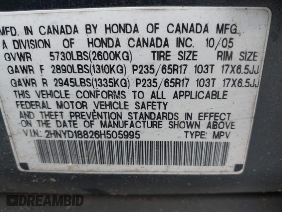 2006 Acura MDX Touring w/Navi with VIN 2HNYD18826H505995, listed as a IAAI auction lot 41494245 with 100,825 mi miles. Bid and sale history available at carsss.com. Image 9.