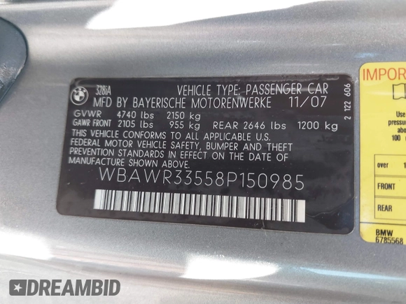 2008 BMW 3 Series 328i with VIN WBAWR33558P150985, listed as a IAAI auction lot 41644079 with Not Provided miles and . Bid and sale history available at carsss.com. Image 9.