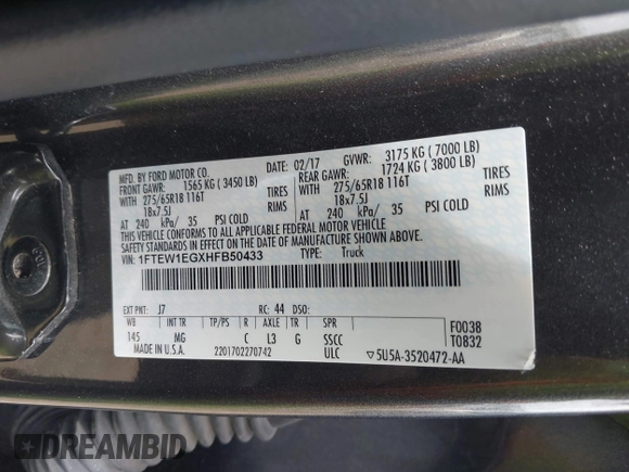 2017 Ford F-150 XL with VIN 1FTEW1EGXHFB50433, listed as a IAAI auction lot 42231546 with 105,140 mi miles and . Bid and sale history available at DreamBid. Image 9.