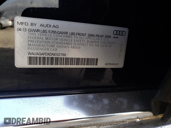 2013 Audi A8 3.0L with VIN WAUAGAFDXDN032766, listed as a Copart auction lot 84275944 with 127,388 mi miles and Salvage title. Bid and sale history available at DreamBid. Image 15.