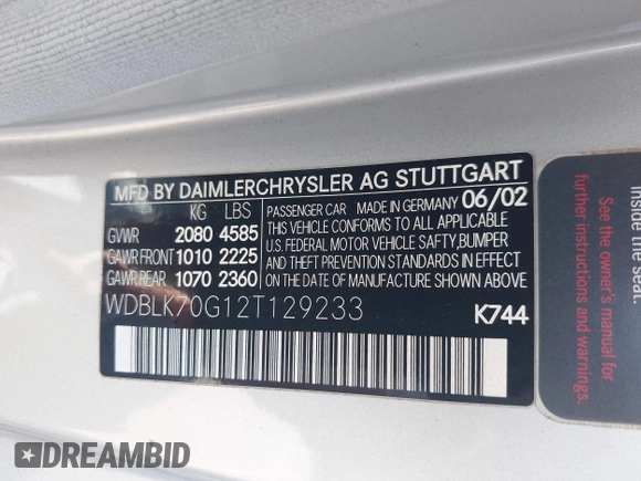 2002 Mercedes-Benz CLK 320/430 z VIN WDBLK70G12T129233, wystawiony jako IAAI lot #42391247 z przebiegiem 94 186 mil mil oraz . Historia ofert i sprzedaży dostępna na DreamBid. Obrazek 9.