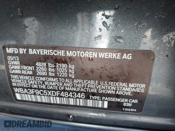 2013 BMW 3 Series ActiveHybrid 3 with VIN WBA3F9C5XDF484346, listed as a IAAI auction lot 41998341 with 145,271 mi miles. Bid and sale history available at carsss.com. Image 9.
