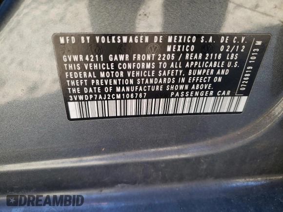 2012 Volkswagen Jetta Sedan SE w/Convenience PZEV with VIN 3VWDP7AJ2CM106767, listed as a Copart auction lot 75491043 with 167,156 mi miles and Non Repairable. Bid and sale history available at carsss.com. Image 14.