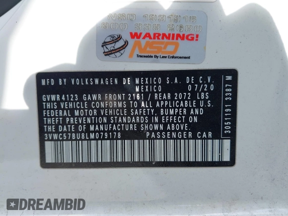 2020 Volkswagen Jetta S with VIN 3VWC57BU8LM079178, listed as a IAAI auction lot 42298744 with 47,044 mi miles and . Bid and sale history available at DreamBid. Image 9.