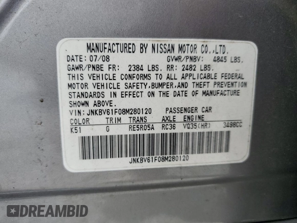 2008 Infiniti G35 x with VIN JNKBV61F08M280120, listed as a Copart auction lot 51515255 with 200,524 mi miles and Salvage Title. Bid and sale history available at DreamBid. Image 14.