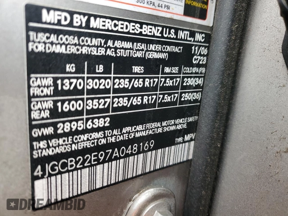2007 Mercedes-Benz R 3.0L with VIN 4JGCB22E97A048169, listed as a Copart auction lot 83352944 with 232,611 mi miles and Salvage title. Bid and sale history available at DreamBid. Image 14.