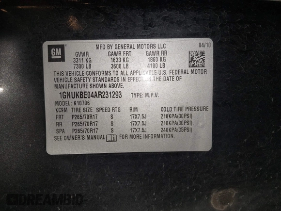 2010 Chevrolet Tahoe LT z VIN 1GNUKBE04AR231293, wystawiony jako IAAI lot #41742745 z przebiegiem Nie podano mil oraz . Historia ofert i sprzedaży dostępna na DreamBid. Obrazek 9.
