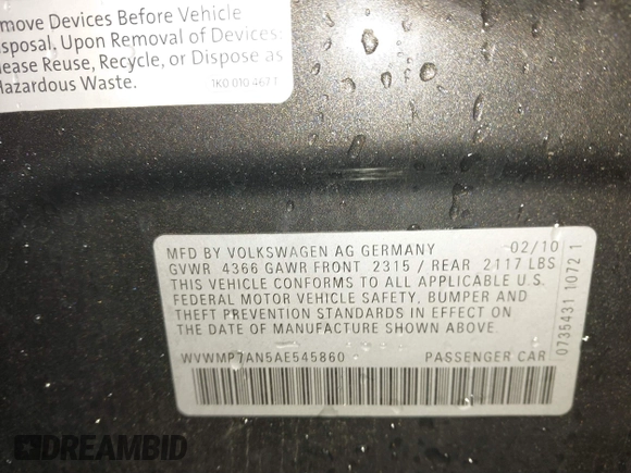 2010 Volkswagen CC Sport with VIN WVWMP7AN5AE545860, listed as a IAAI auction lot 41552692 with Not Provided miles and . Bid and sale history available at DreamBid. Image 9.